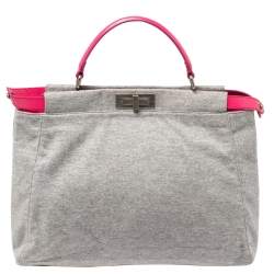 Pre Owned Fendi Grey/Pink Jersey and Leather Large Limited Edition Peekaboo Top Handle Bag
