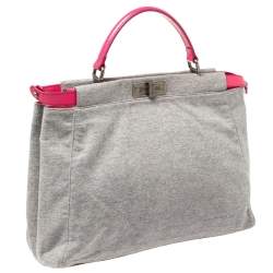 Pre Owned Fendi Grey/Pink Jersey and Leather Large Limited Edition Peekaboo Top Handle Bag