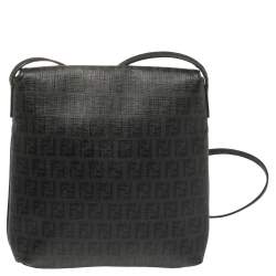 Fendi Black Zucchino Coated Canvas FF Flap Messenger Bag