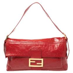 Fendi Red Crinkle Patent Leather Large Mamma Baguette Shoulder Bag