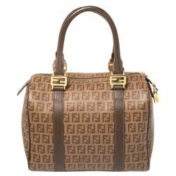 Pre Owned Fendi Brown Zucchino Coated Canvas and Leather Small Forever Bauletto Boston Bag