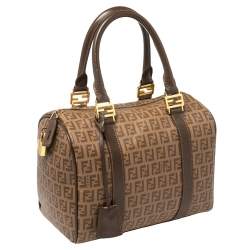 Pre Owned Fendi Brown Zucchino Coated Canvas and Leather Small Forever Bauletto Boston Bag