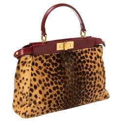 Pre Owned Fendi Brown/Burgundy Calf Hair and Leather Medium Peekaboo Top Handle Bag