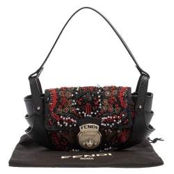 Pre Owned Fendi Black Zucchino Canvas and Leather Beaded Compilation Shoulder Bag