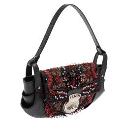 Pre Owned Fendi Black Zucchino Canvas and Leather Beaded Compilation Shoulder Bag