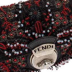 Pre Owned Fendi Black Zucchino Canvas and Leather Beaded Compilation Shoulder Bag