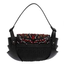 Pre Owned Fendi Black Zucchino Canvas and Leather Beaded Compilation Shoulder Bag