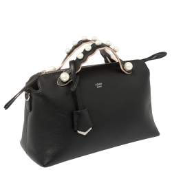 Pre Owned Fendi Black Leather Faux Pearl Embellished Medium By The Way Satchel