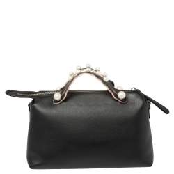 Pre Owned Fendi Black Leather Faux Pearl Embellished Medium By The Way Satchel