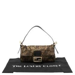 Pre Owned Fendi Tobacco/Black Zucca Canvas and Lizard Floral Brocade Baguette Bag