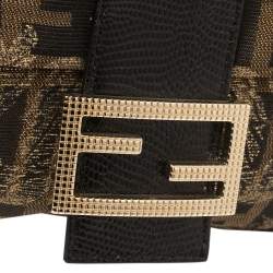 Pre Owned Fendi Tobacco/Black Zucca Canvas and Lizard Floral Brocade Baguette Bag