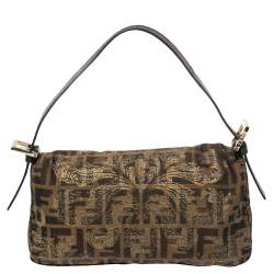 Pre Owned Fendi Tobacco/Black Zucca Canvas and Lizard Floral Brocade Baguette Bag