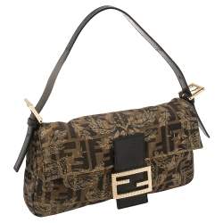 Pre Owned Fendi Tobacco/Black Zucca Canvas and Lizard Floral Brocade Baguette Bag