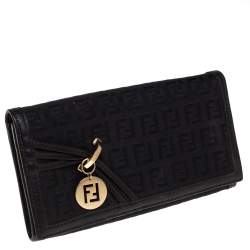Pre Owned Fendi Black Zucchino Canvas and Leather Flap Continental Wallet