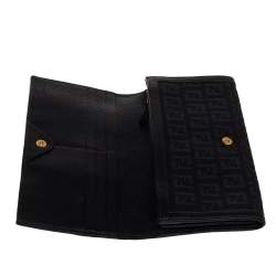 Pre Owned Fendi Black Zucchino Canvas and Leather Flap Continental Wallet
