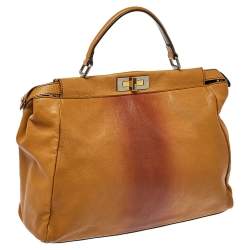 Pre Owned حقيبة فندي بيكابو كبيرة يد علوية جلد اومبر بني و بني فاتح مع بط انة شعر عجل 