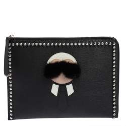 Pre Owned Fendi Black Leather Karlito Flat Clutch