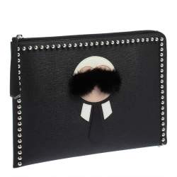 Pre Owned Fendi Black Leather Karlito Flat Clutch