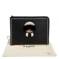 Pre Owned Fendi Black Leather Karlito Flat Clutch