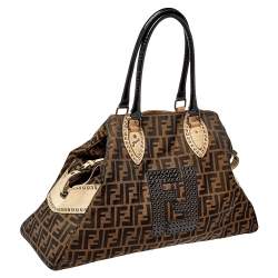 Fendi Brown/Black Zucca Canvas,Suede and Patent Leather Large Studded De Jour Bag