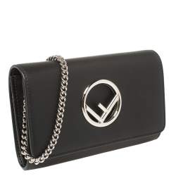 Pre Owned Fendi Black Leather Kan I F Wallet On Chain Clutch