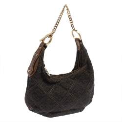 Pre Owned Fendi Navy Blue Zucca Denim and Leather Chef Chain Link Hobo