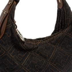 Pre Owned Fendi Navy Blue Zucca Denim and Leather Chef Chain Link Hobo