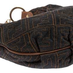 Pre Owned Fendi Navy Blue Zucca Denim and Leather Chef Chain Link Hobo