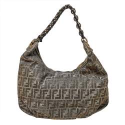 Pre Owned Fendi Metallic Zucca Lurex Fabric Mia Hobo