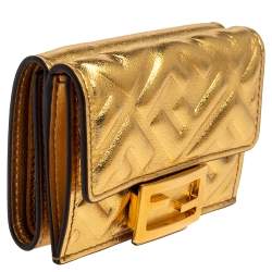 مملوكة مسبقًا محفظة فندي ميكرو أف أف ثلاثية الطية جلد مطبوع نقشة شعار الماركة ذهبي 