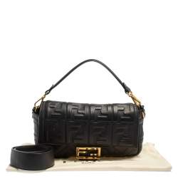 Pre Owned Fendi Black Zucca Embossed Leather Medium Baguette Bag