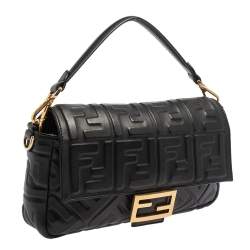Pre Owned Fendi Black Zucca Embossed Leather Medium Baguette Bag