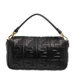 Pre Owned Fendi Black Zucca Embossed Leather Medium Baguette Bag