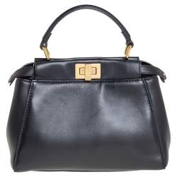 Pre Owned Fendi Black Leather Mini Peekaboo Top Handle Bag