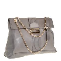 Pre Owned Fendi Grey Leather Maxi Baguette Flap Shoulder Bag