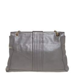 Pre Owned Fendi Grey Leather Maxi Baguette Flap Shoulder Bag