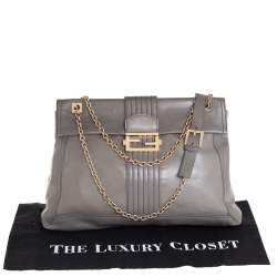 Pre Owned Fendi Grey Leather Maxi Baguette Flap Shoulder Bag