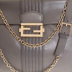 Pre Owned Fendi Grey Leather Maxi Baguette Flap Shoulder Bag
