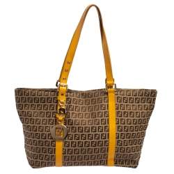 Pre Owned Fend Beige/Mustard Zucchino Canvas and Leather Superstar Shopper Tote