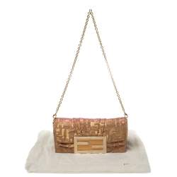 Pre Owned Fendi Gold/Pink Iridescent Lurex Fabric Mia Pochette Bag