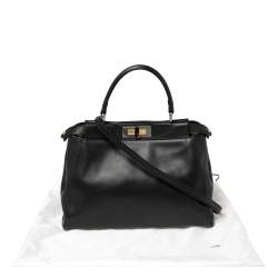 Pre Owned Fendi Black Leather and Calf Hair Lining Medium Peekaboo Top Handle Bag