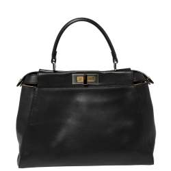 Pre Owned Fendi Black Leather and Calf Hair Lining Medium Peekaboo Top Handle Bag