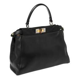 Pre Owned Fendi Black Leather and Calf Hair Lining Medium Peekaboo Top Handle Bag