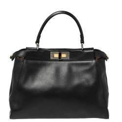 Pre Owned Fendi Black Leather and Calf Hair Lining Medium Peekaboo Top Handle Bag