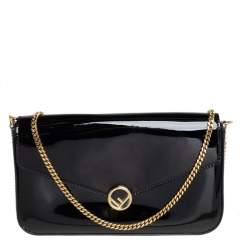 Pre Owned Fendi Black Patent Leather F Wallet On Chain