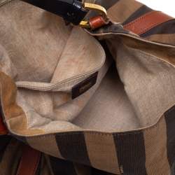 Pre Owned Fendi Tobacco/Tan Canvas and Leather Large Pequin Striped Hobo