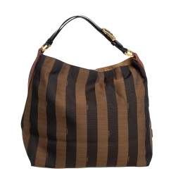 Pre Owned Fendi Tobacco/Tan Canvas and Leather Large Pequin Striped Hobo