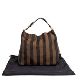 Pre Owned Fendi Tobacco/Tan Canvas and Leather Large Pequin Striped Hobo