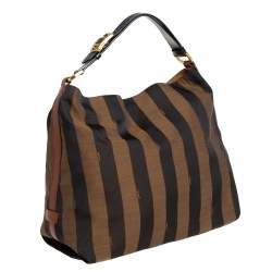 Pre Owned Fendi Tobacco/Tan Canvas and Leather Large Pequin Striped Hobo