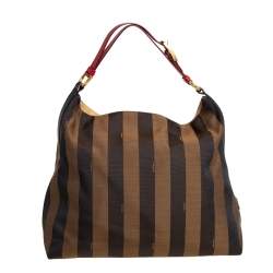 Pre Owned Fendi Tobacco/Red Canvas and Leather Large Pequin Striped Hobo